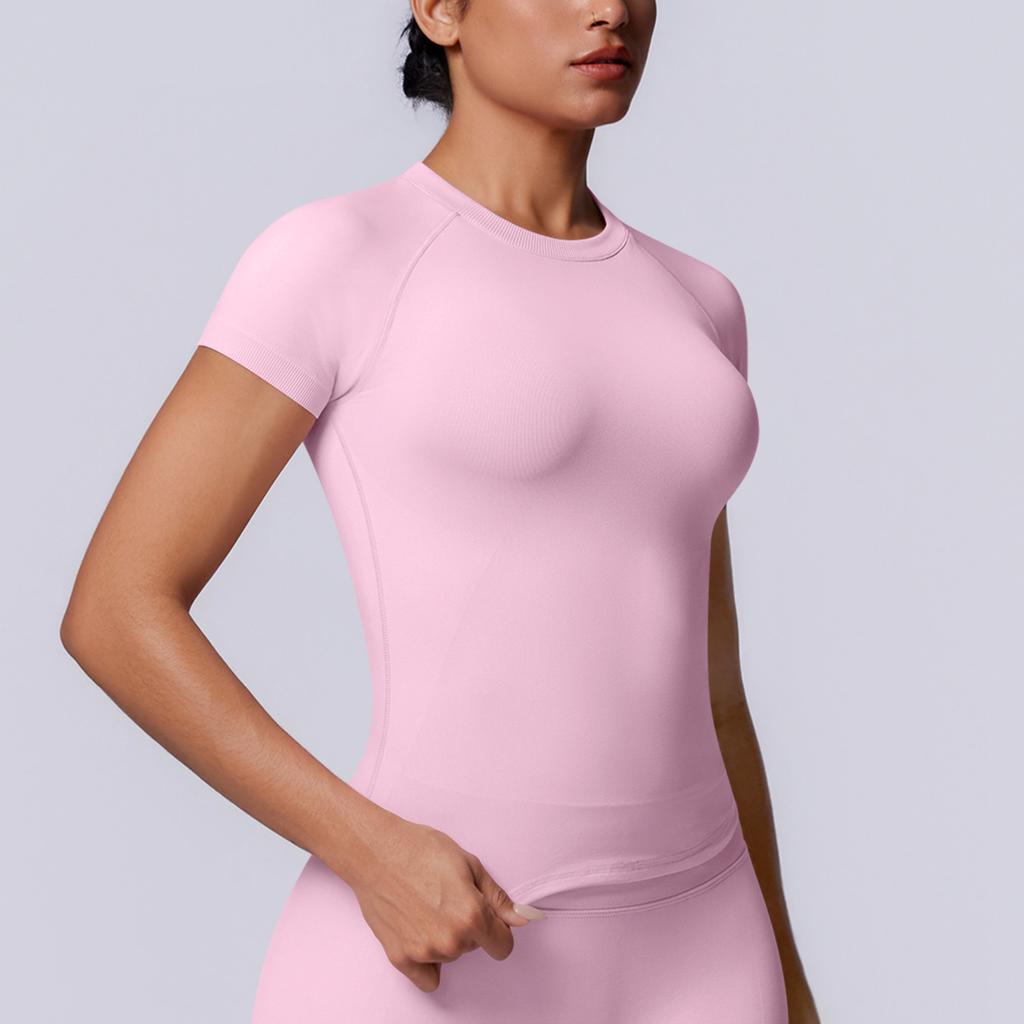 European and American seamless solid color tight high elastic breathable T-shirt sports running fitness yoga clothes top women
