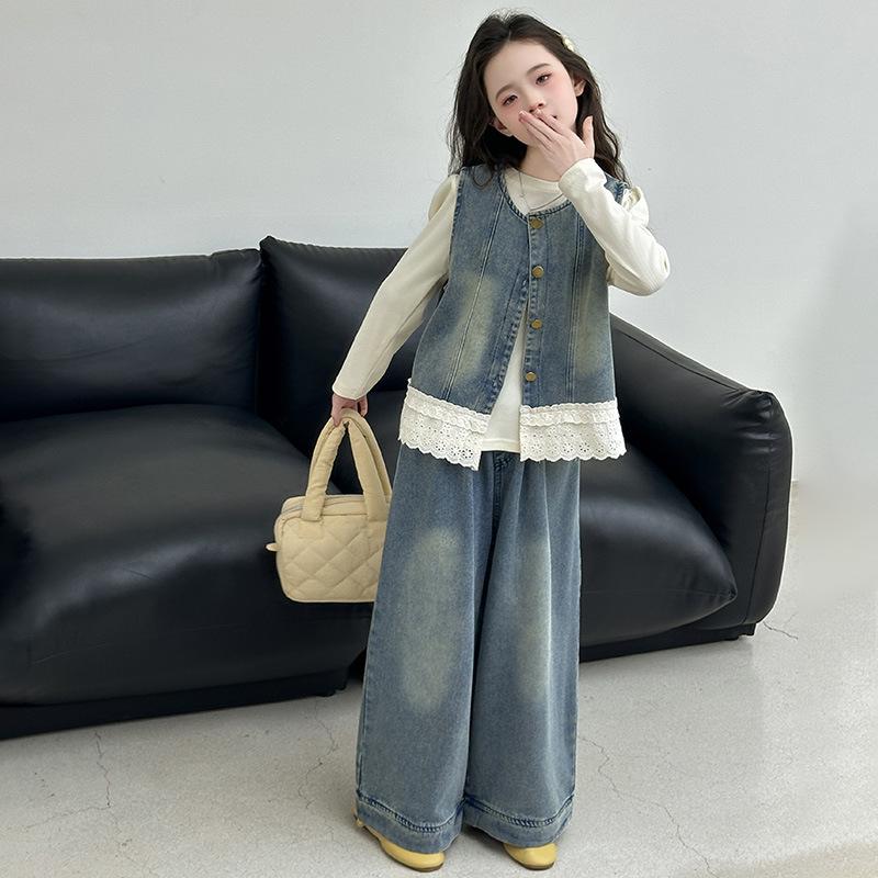 

Модный джинсовый жилет и брюки широкого кроя из трех предметов для девочек, весна/осень 2025 120 cm