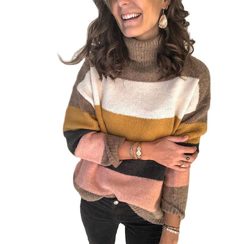 2025 Autumn/Winter High Neck Patchwork Knit Plus Size Women's Striped Sweater
