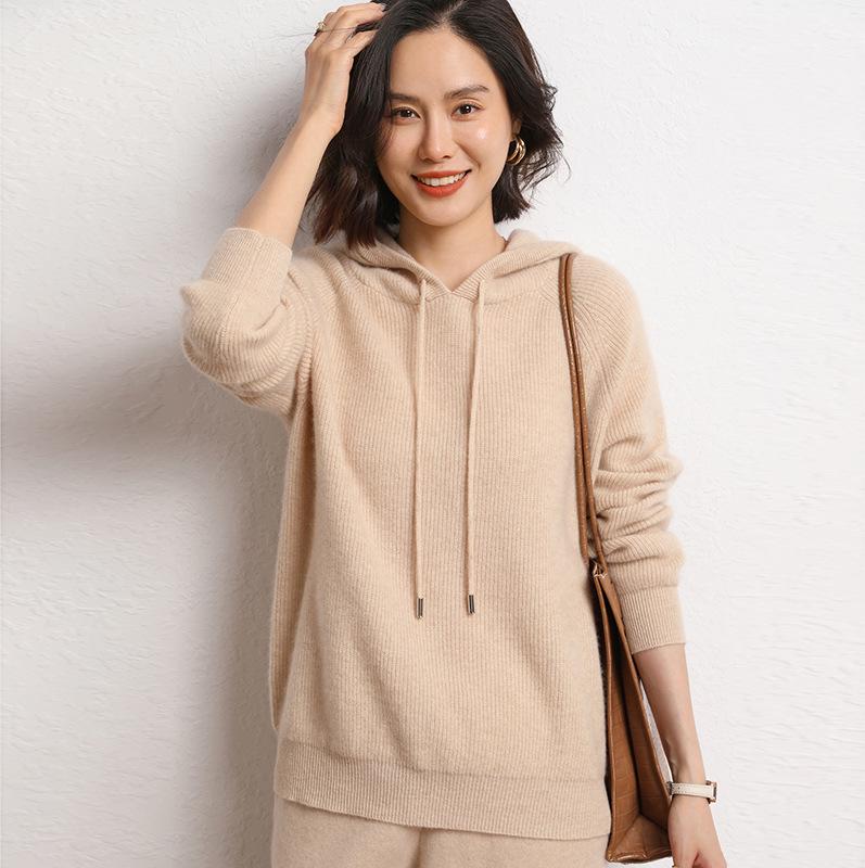 Women's Thick Wool Cashmere Knit Hoodie, Autumn/Winter Loose Sweater Coat.