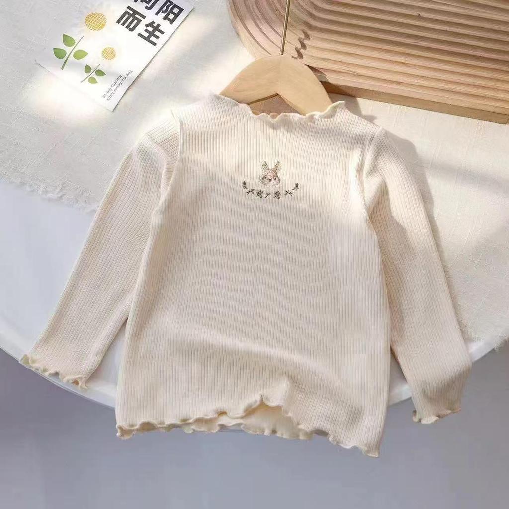 Girls' Cute Rabbit Embroidered Long-Sleeve T-Shirt - Versatile Base Layer for Spring/Autumn
