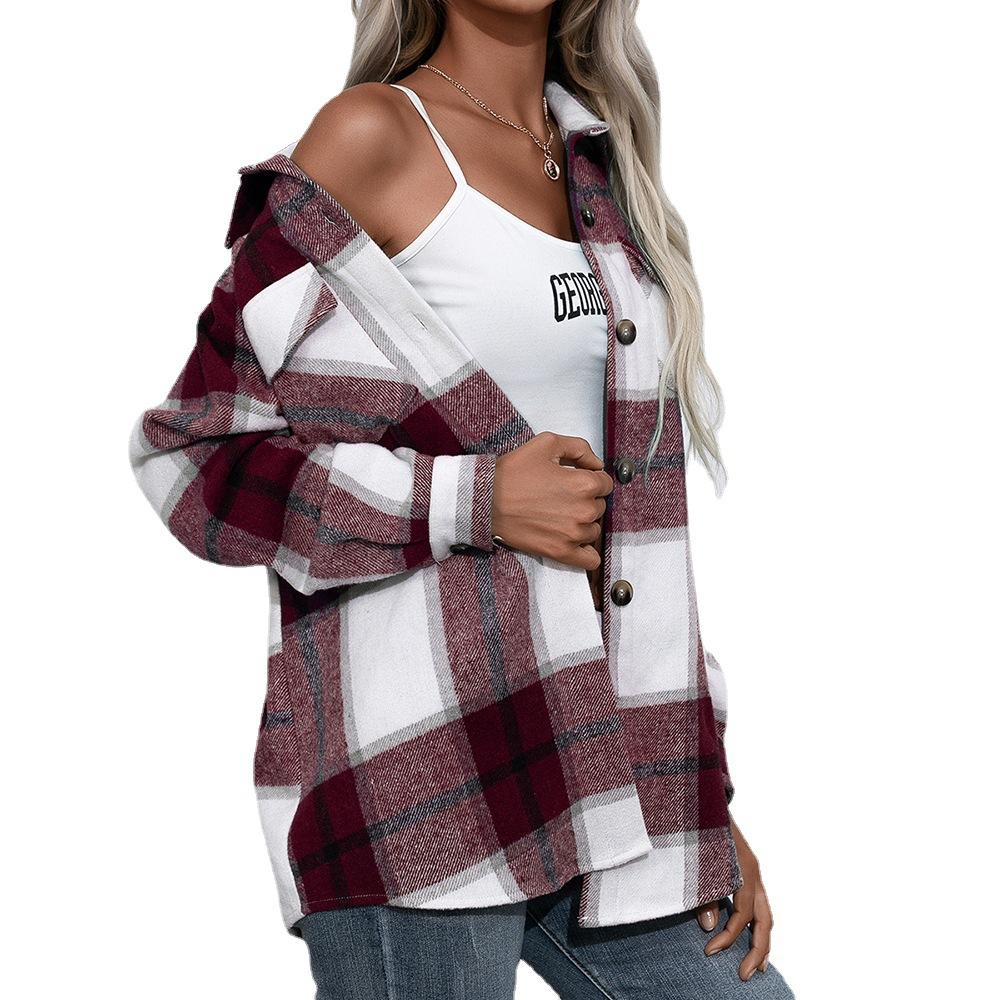Autumn Winter Long Sleeve Thickened Cashmere Plaid Loose Casual Shirt Jacket for Women
