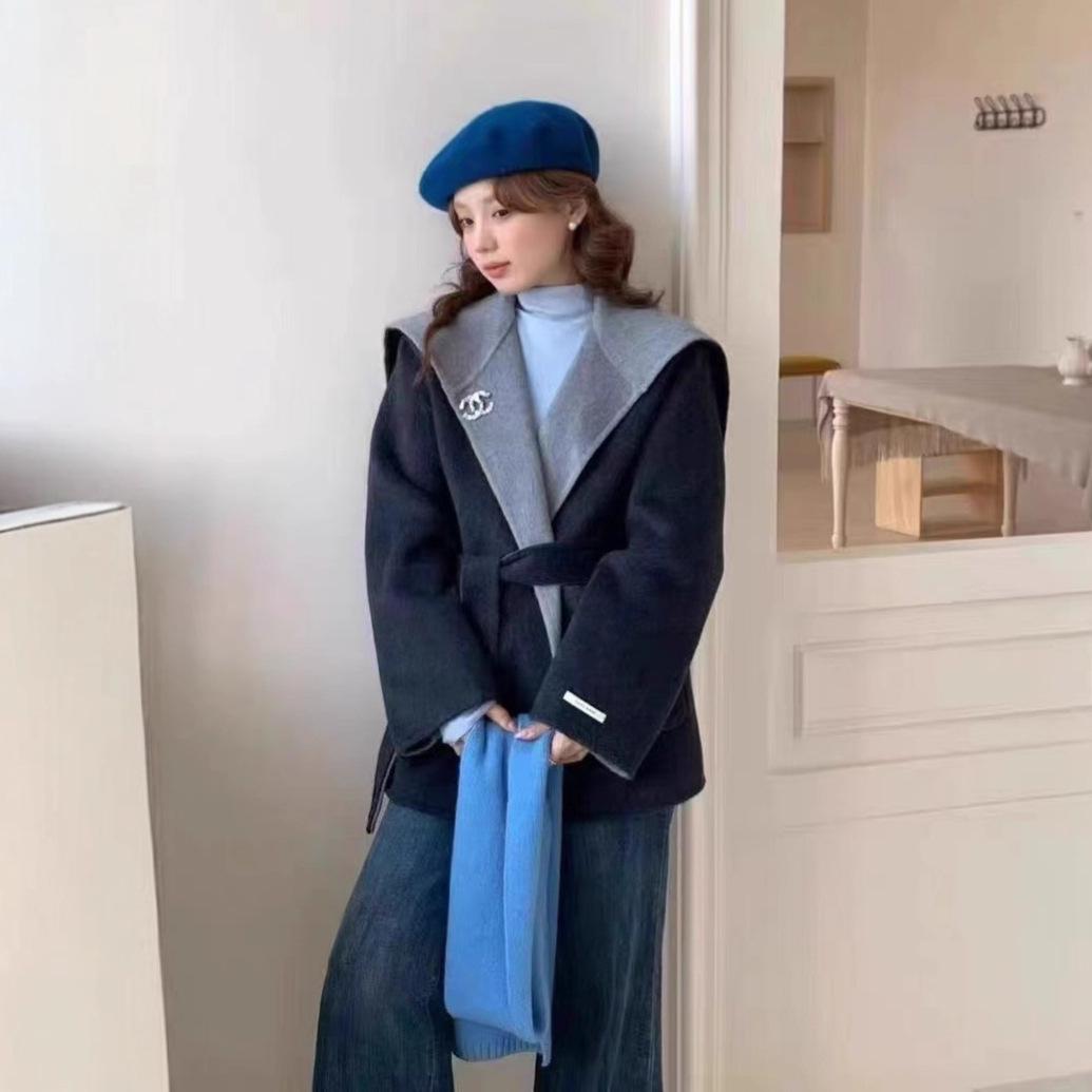 

Women s Color Block Navy Collar Wool Coat - 2025 Autumn/Winter Petite Double-Faced Cashmere Outerwear Medium (130-155 jin)