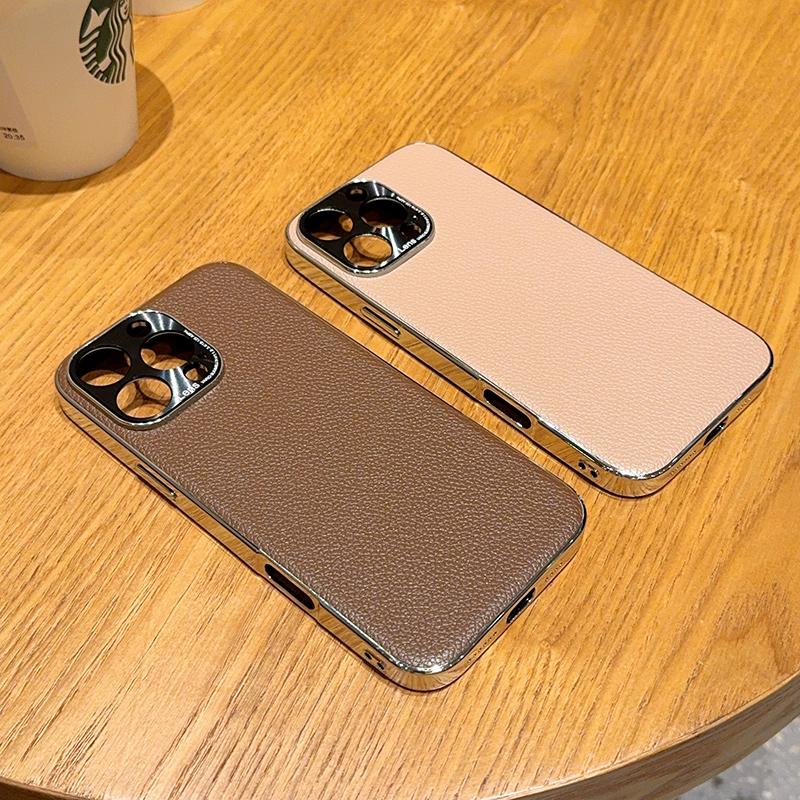 Lichee Leather Pattern Phone Case For Iphone 15 Plus 16 Pro Max Solid Color Protective Plating PC Hard Shell Back Cover