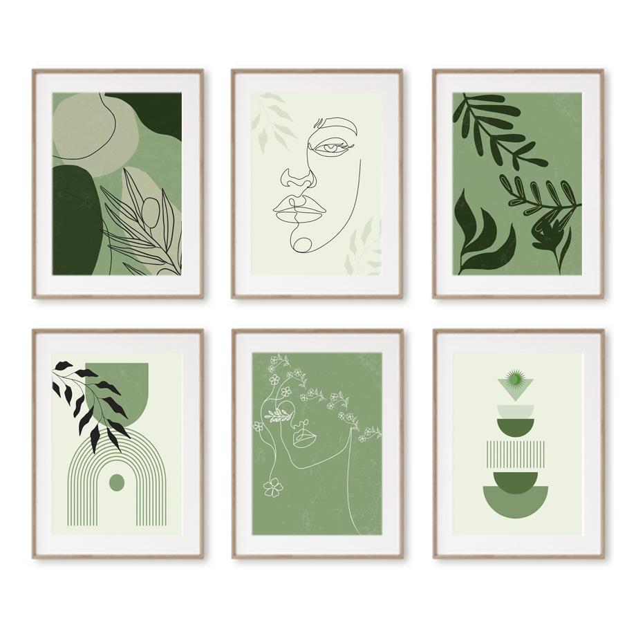 Geometric Green Woman Portrait Lines Plants Leaf Posters Prints Canvas Painting Wall Art Pictures For Living Room Home Decor