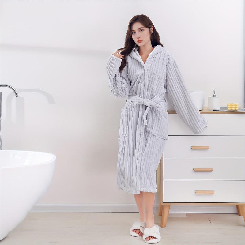 Women's Hooded Candy Stripe Bathrobe - Absorbent Sleepwear with Drawstring