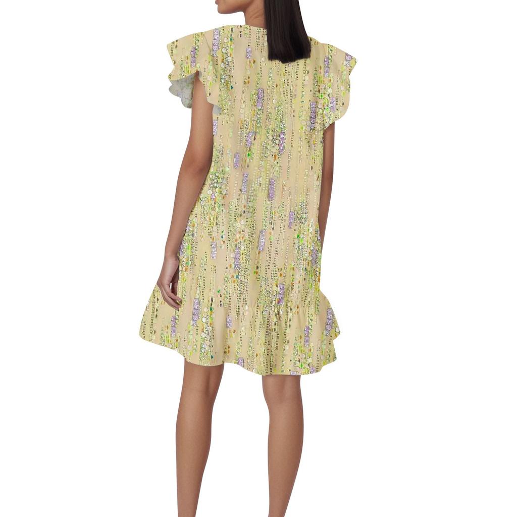 Women's Fashion Casual V Neck Wavy Edge Print Short Sleeve Dress