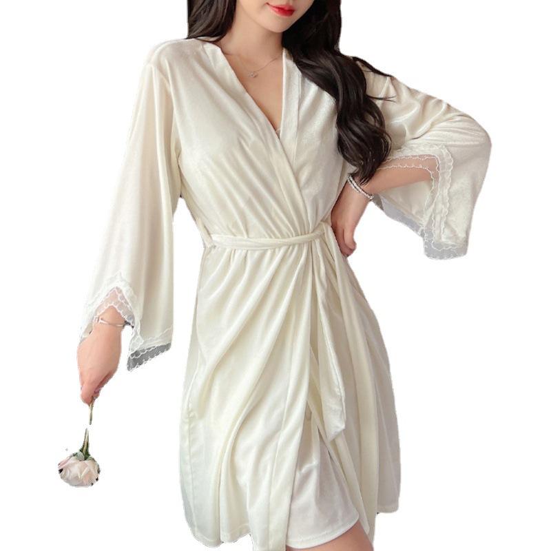 Sexy Pajamas Golden Velvet Premium Autumn And Winter Lace Pure Desire Suspender Nightgown Nightgown Two-Piece Set