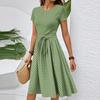 Women's Casual Fashion Belted Vintage Printed Short Sleeve Round Neck Elegant Dress