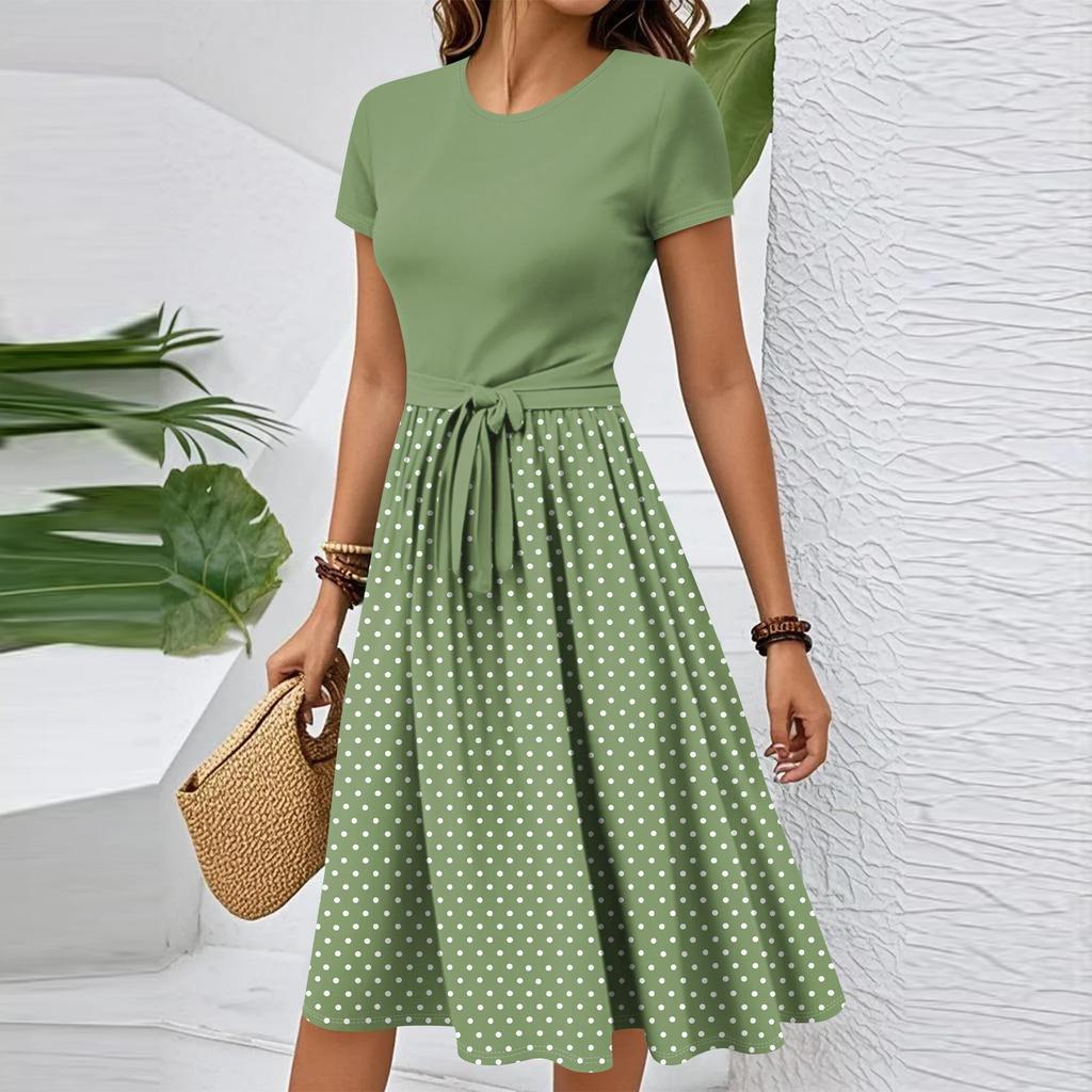 Women's Casual Fashion Belted Vintage Printed Short Sleeve Round Neck Elegant Dress