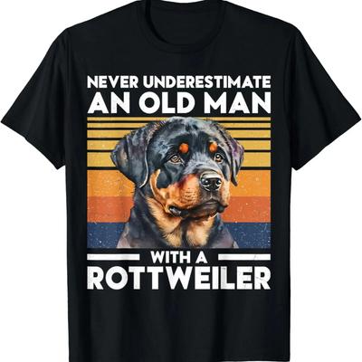 Never Underestimate An Old Unisex With A Rottweiler Funny Dog T Shirt Vintage Washed Top For Everyday Wear Casual Stretched Soft