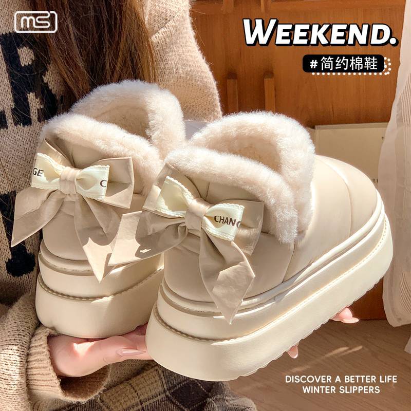 Winter new velvet cotton slippers new cotton shoes bow snow boots eva platform bag heel waterproof 36-37