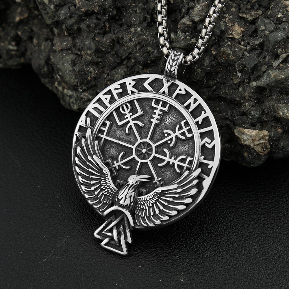 Nordische Wikinger Edelstahl Kompass Rune Anhänger Halskette Für Männer Frauen Vintage Odin Rabe Halsketten Amulett Schmuck Großhandel