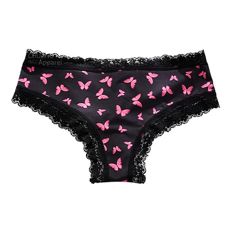 

Foreign trade butterfly printing underwear lace edge exquisite and sweet girl pure cotton crotch seamless non-buttock briefs S