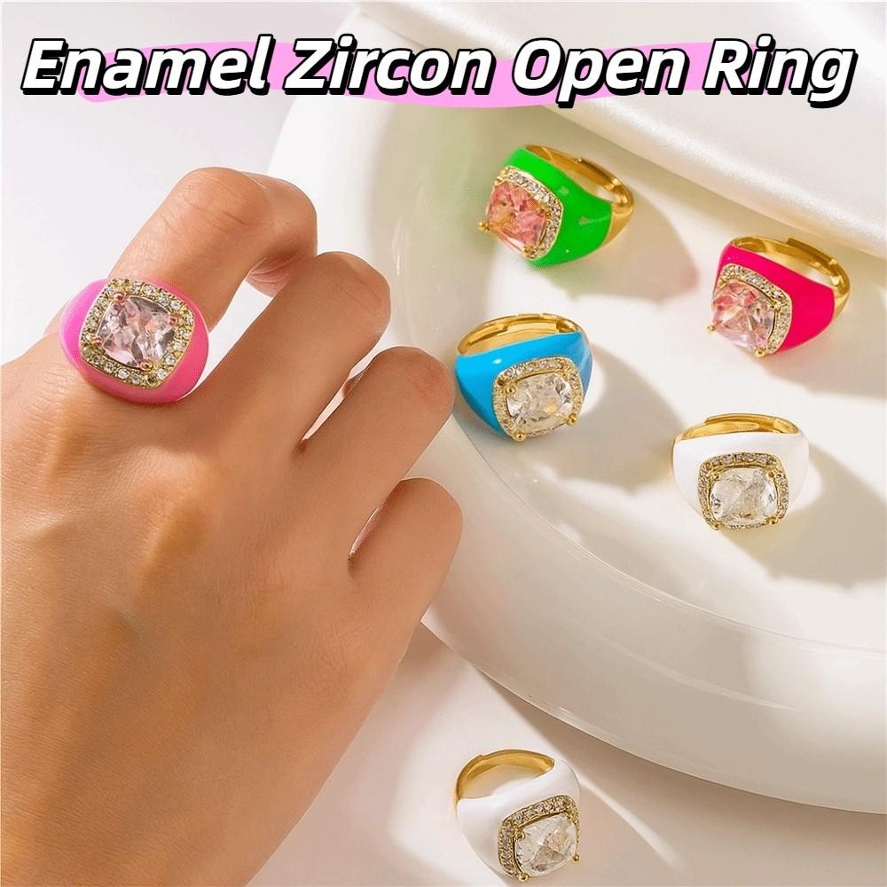 Multicolor Enamel Dripping Oil Ring Gold Plated Geometric Square Ring Zircon Open Ring  For Women