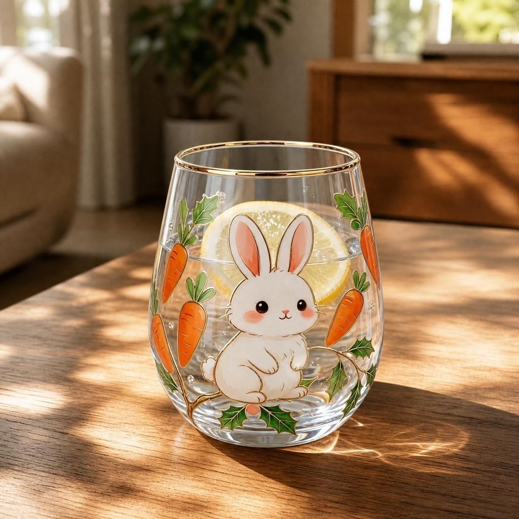 Glass Drinking Cup with Bunny and Carrot Print Stemless Design Suitable for Juice Water and Cold Beverages Durable Household Glassware