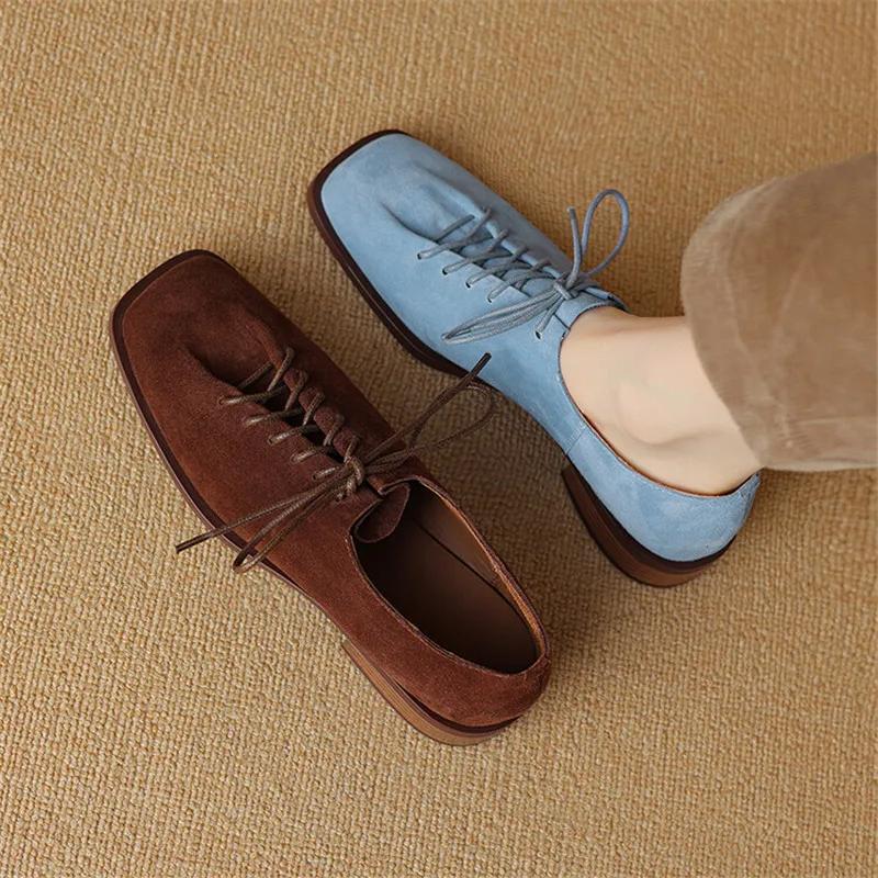 Fashion New Spring Sheep Suede Loafers Woman Shoes Chunky Heel Square Toe Shoes for Women Ladies Shoes Lace Women Pumps Low Heels