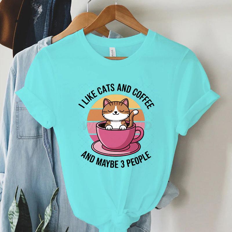 Kawaii Cat Coffee Lover T Shirt I Like Cats and Coffee Classic Top Tees Crew Neck Summer Clothes Coffee Lover Gift Cat Mom Shirt