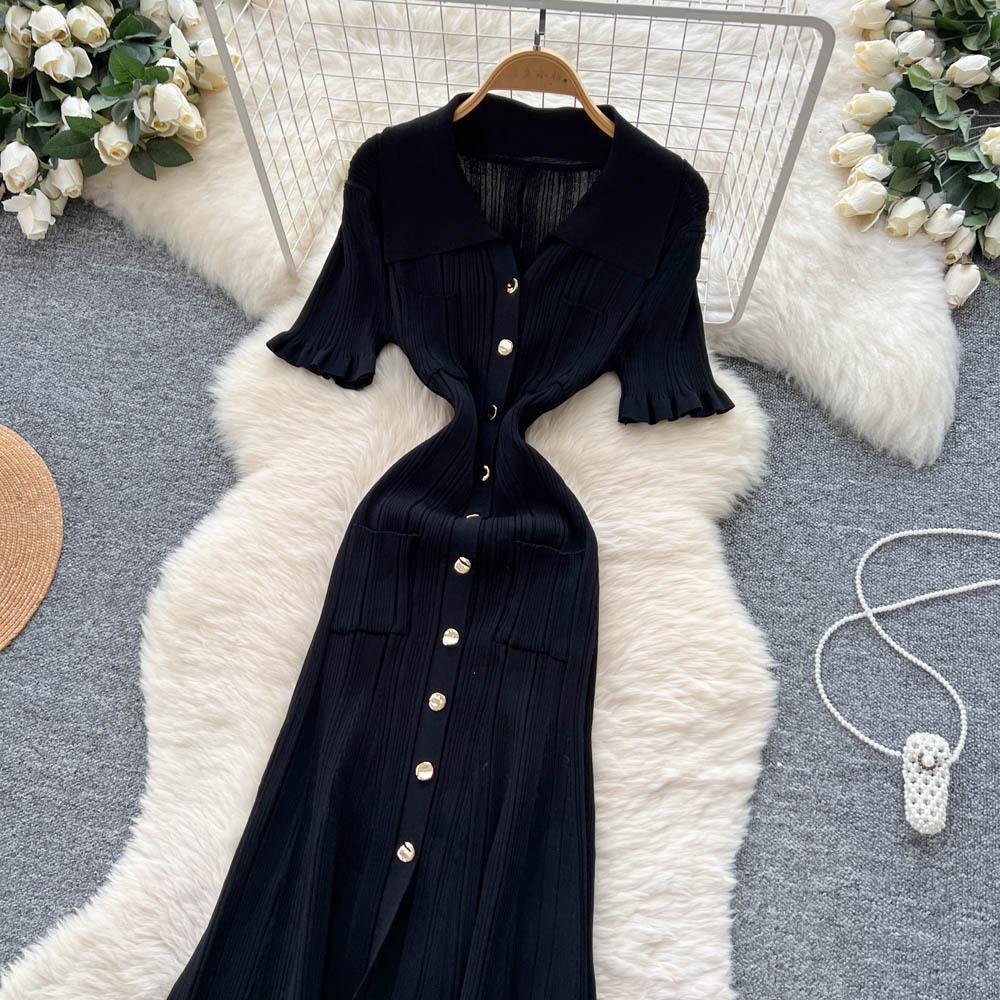 Korean Simple Design Lapel Knitted Dress Women's Summer Slim and Thin Single-breasted Royal Sister Temperament Long Dress