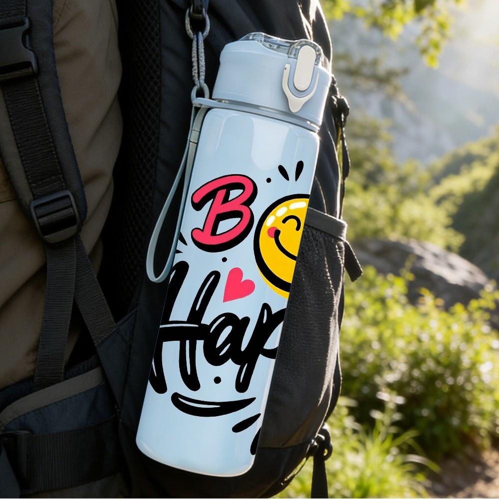 1PC Be Happy Smiley Face Retro Slogan Art 750ml Color Plastic Sports Water Bottle Leakproof Flip Straw Lid Suitable for Sports Office Home Use