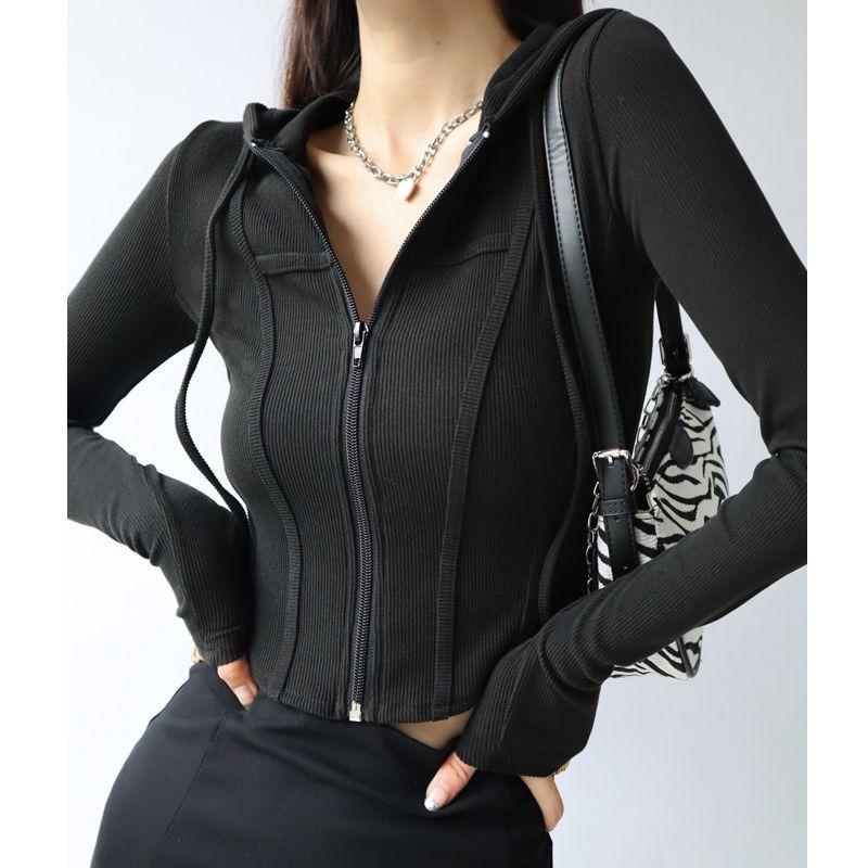 

Спортивный стиль Европейский и американский пикантный кардиган с капюшоном для девушек короткая куртка женская высокая талия облегающий универсальный тонкий топ с длинным рукавом Pure Desire XL чёрный