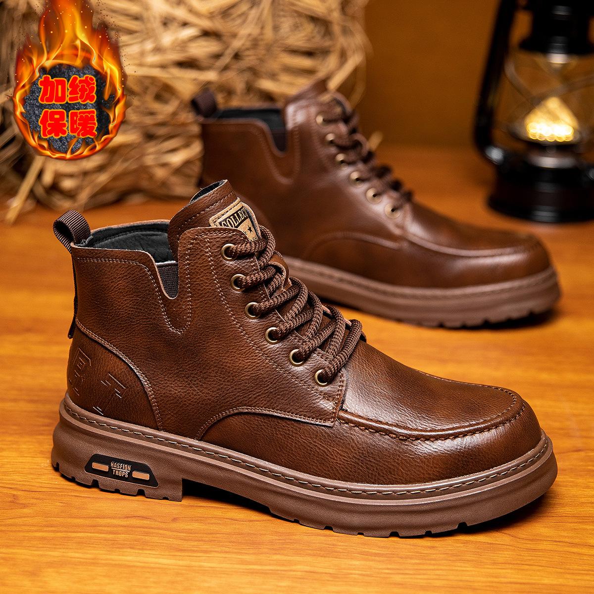 

Мужские зимние кожаные ботинки Мартин в британском стиле, кожаные ботинки с высоким голенищем, мужские ботинки на толстой подошве из бархата, ботинки средней высоты в стиле милитари, мужская обувь 44