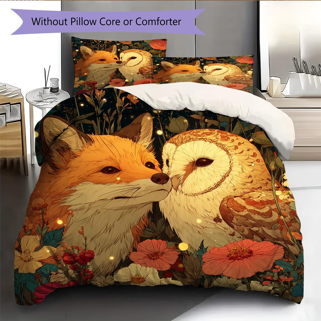 Owl and Fox Pattern Bedding Quilt Set Quilt Cover Pillowcase Home Decoration Gift (1 * Duvet Cover + 2 * Pillowcase, Without Core)