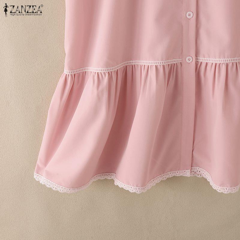 ZANZEA Women Stand Collar Summer Lace Splice Hem Loose Half Sleeve Dress