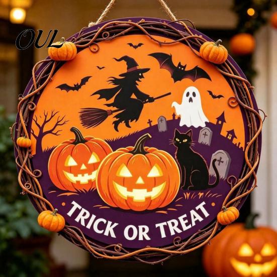 Ghost Wall Ornament Vintage Wooden Halloween Welcome Door Hanger, Pumpkin Skull Witch Farmhouse Hanger Sign, Hanging Decor for Front Porch Decoration