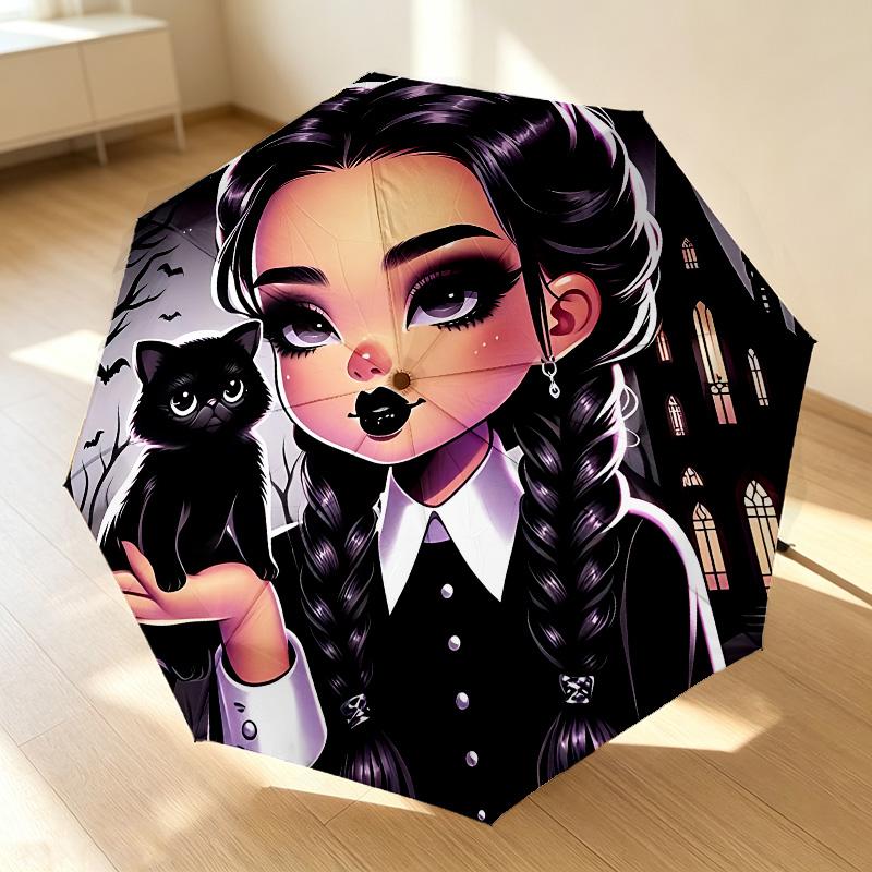 Gothic Cat 8 Ribs 3Fold Black Glue Uv Protection Umbrella Sun Protection Rainproof Compact Folding Umbrella For Travel Daily Use C923635