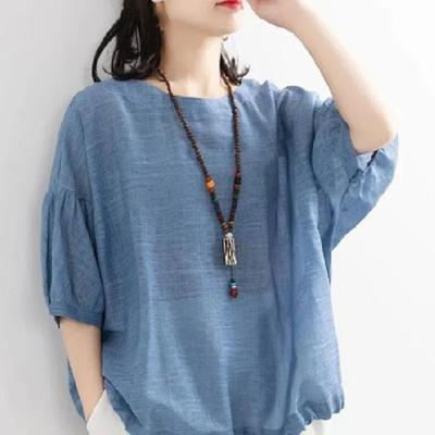 Blouse Half Sleeve Breathable Cotton Flax Female Bat Shirt Hem Clothing for Daily Wear