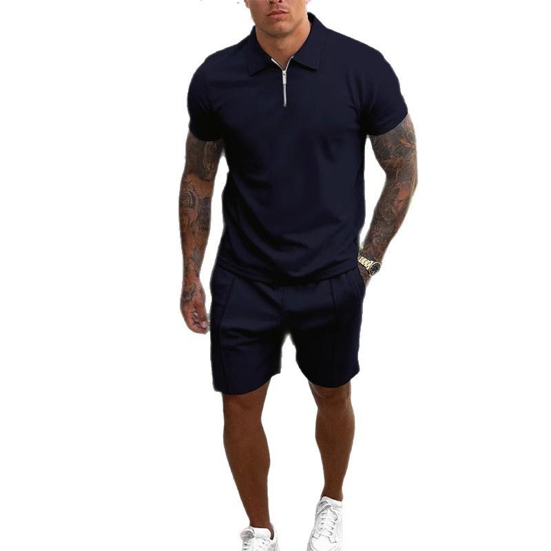 Mens Short Sleeve Tracksuit Casual 2 Piece Set Polo Collar Zip Up Outfit