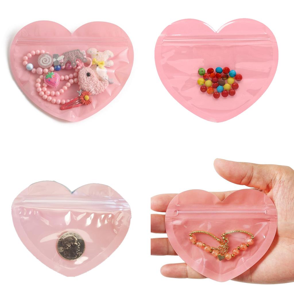 100pcs Transparent Plastic Jewelry Bag Heart Shaped Zipper Bag Gift Packaging Bags for Jewelry Storage Display Small