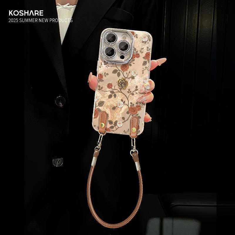 Applicable to Apple 17promax mobile phone case iphone15 rose camellia doll lanyard 16 retro glacier pattern