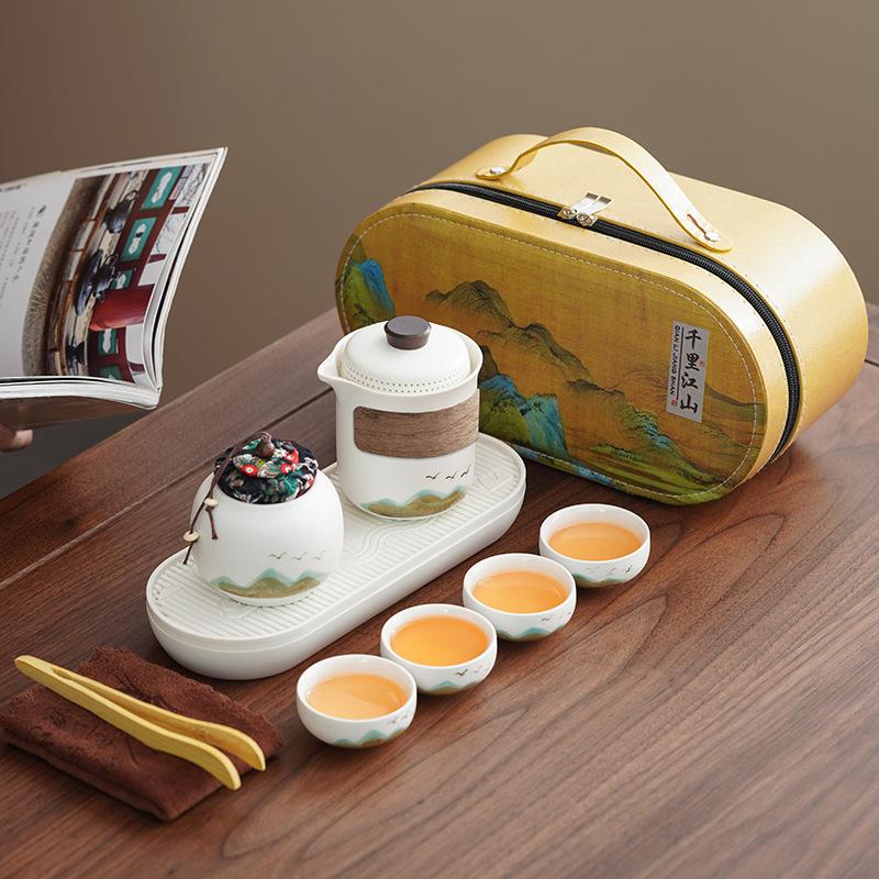 Travel Guochao Kuaike Cup Four Cups Business Tea Set Outdoor Souvenir Coarse Pottery Green Mountain Flying Birds