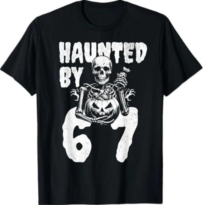 

Funny Halloween Skeleton Haunted By 6 7 Meme 100% Cotton T-shirt Mens Tees Top XL