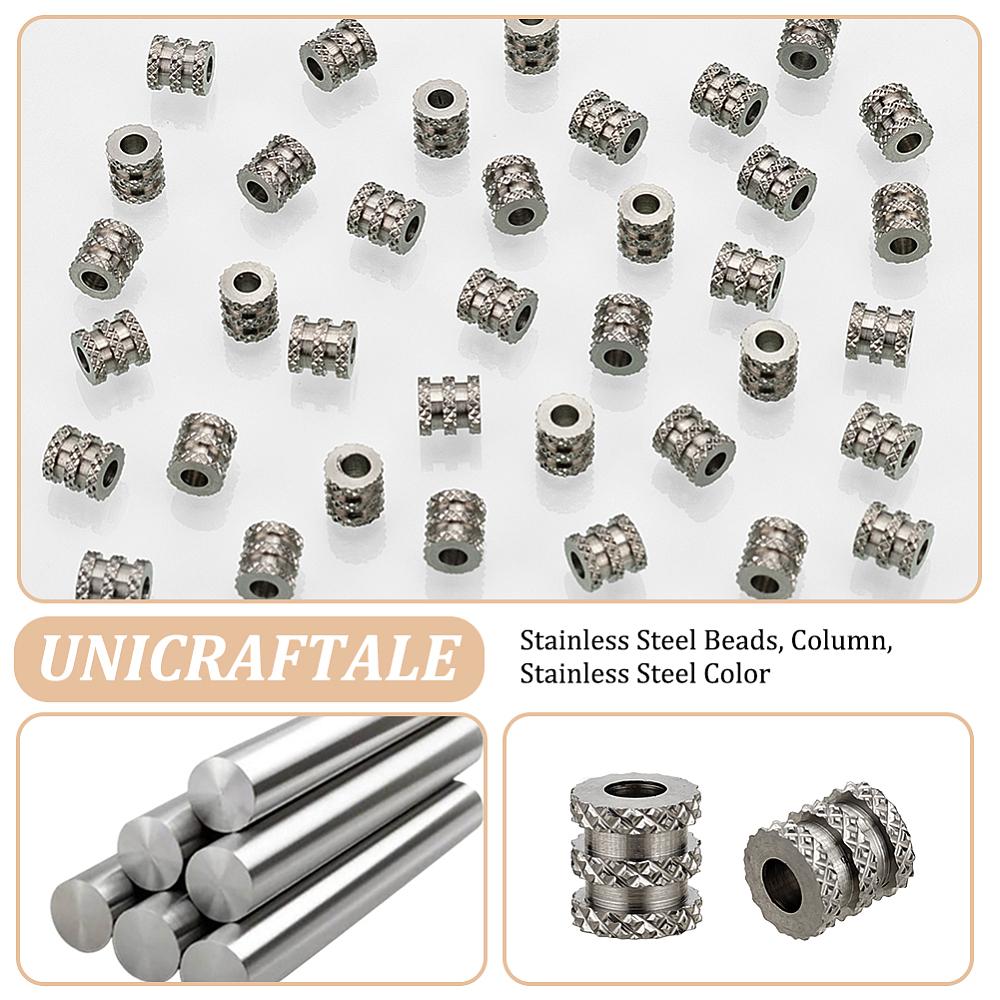 60Pcs 303 Stainless Steel Beads, Column, Stainless Steel Color, 6.3x5.5mm, Hole: 3mm
