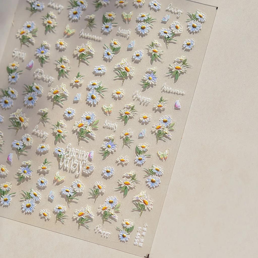 Charming Petal Flower Colorful Wildflowers Daisy Leaves 5D Relief Self Adhesive Nail Art Sticker Decoration Manicure Decal DIY