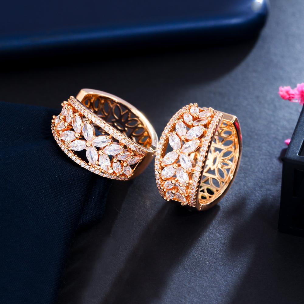 Sparkly Cubic Zircon Crystal Pave Flower Leaf Shape African Gold Plated CZ Round Hoop Earrings for Women Jewelry