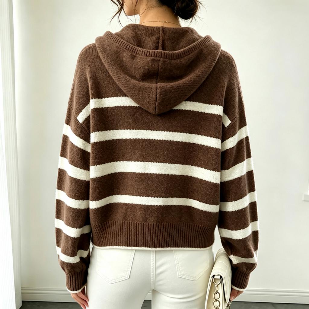 Women's Hooded Striped Pullover Knit Sweater for Fall Winter