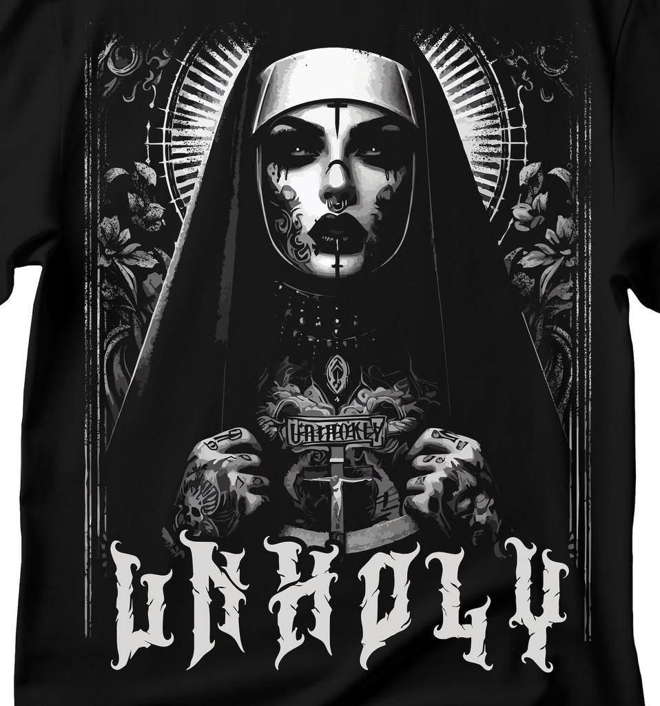 Funny Unholy Nun T-Shirt: Gothic Satan Baphomet Halloween Shirt
