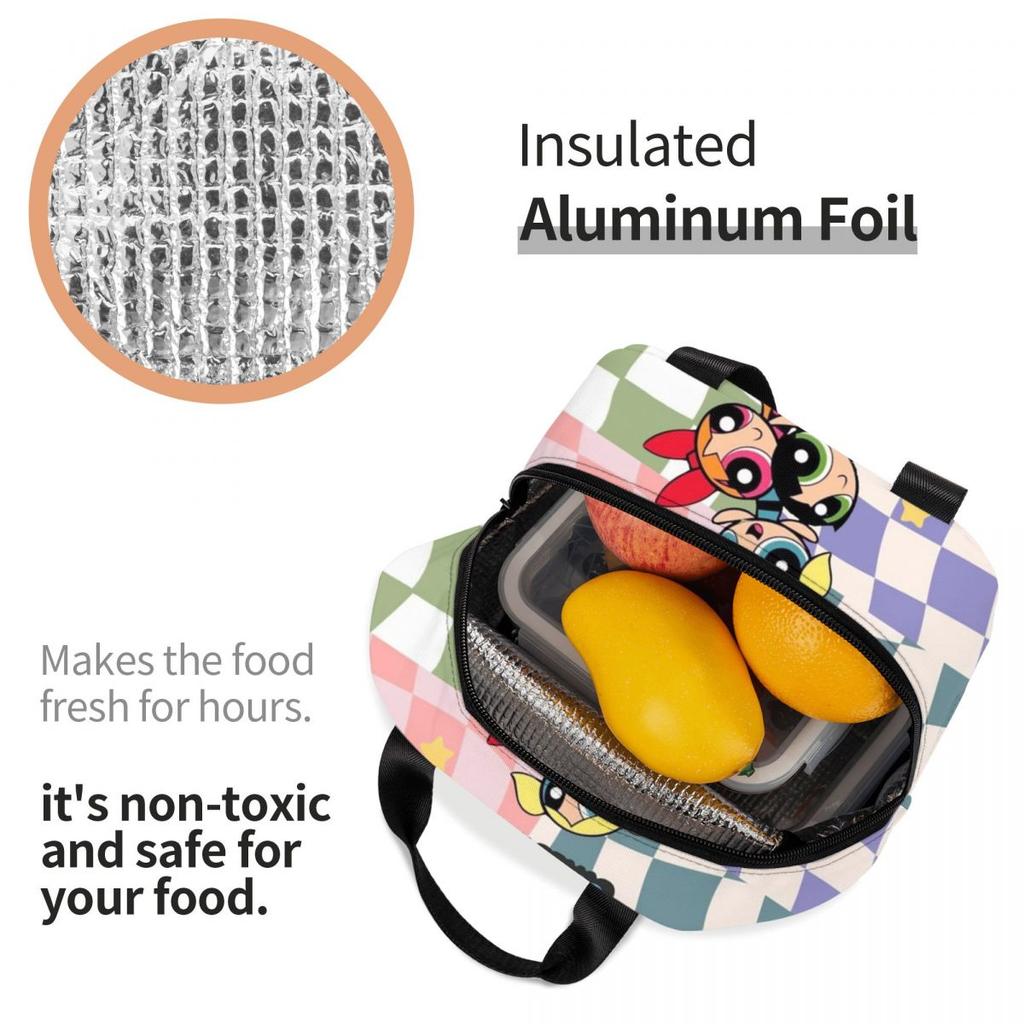 P-PowerPuffs Cartoon Accessories Insulated Lunch Bags For Work Food Storage Bag Portable Cooler Thermal Bento Box
