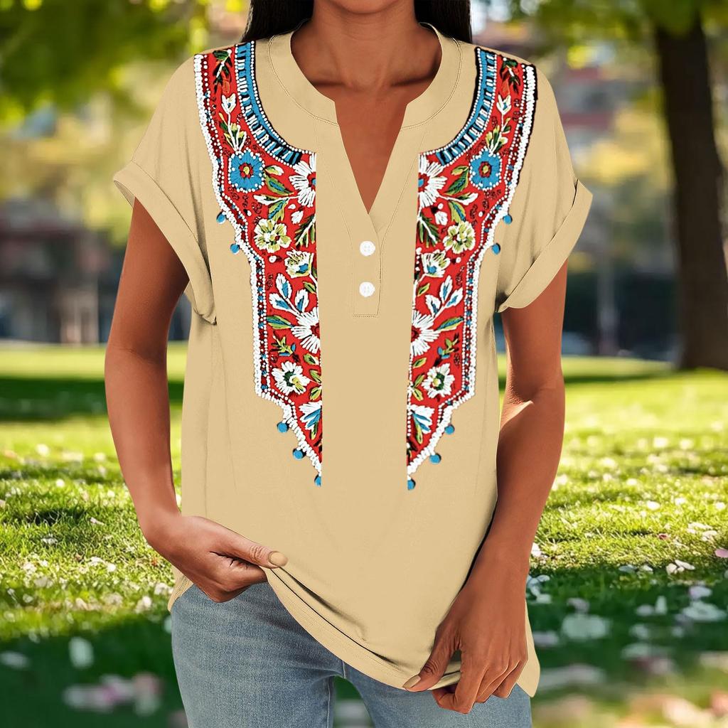 Damen Freizeit Locker Sitzend Kurzarm Knopf V-Ausschnitt Blumenmuster Bluse Top Leicht Atmungsaktiv Sommerhemd