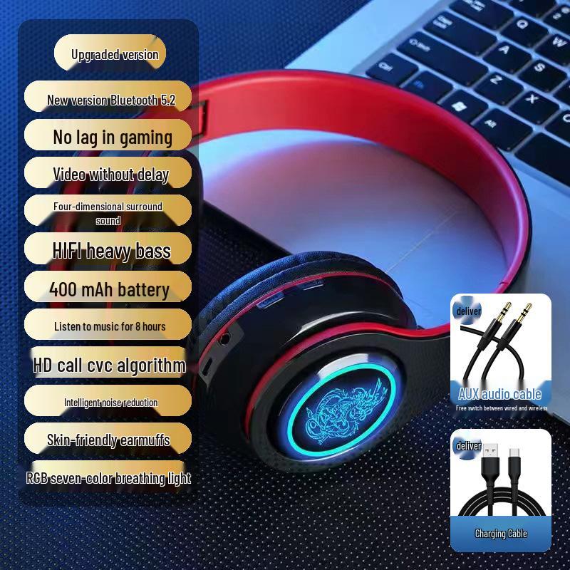 Kabellose Over-Ear Bluetooth-Kopfhörer mit Geräuschunterdrückung, leuchtendes Design für Männer und Frauen, ideal für Laufen und Laptop-Nutzung