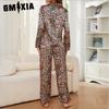 GMXIA Women's Pajamas Autumn and Winter Simulation Silk Leopard Long-sleeved Trousers Two Sets of Homewear