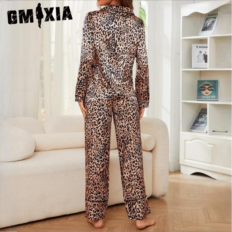 GMXIA Women's Pajamas Autumn and Winter Simulation Silk Leopard Long-sleeved Trousers Two Sets of Homewear