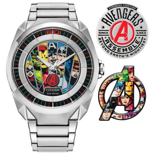 Citizen Marvel Men's Avengers Eco-Drive Watch, 42.5mm Silver-Tone Stainless Steel Case and Bracelet with Art Dial (AW2080-64W), Silver, 5 1/2 Inches,