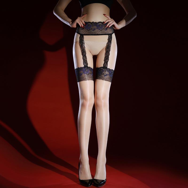 Bas sexy à jarretelles pour hommes et femmes Collants sans coutures Aurora Collants brillants à l'huile avec empiècement en dentelle Combinaisons Bodystockings Collants transparents Bas