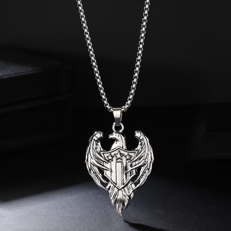Trendy Retro Double-Winged Eagle Shield Pendant Stainless Steel Necklace