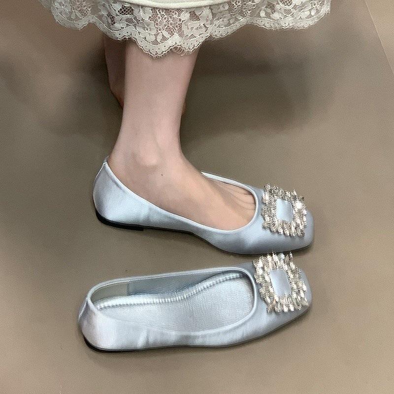 Satin Licht Mund eckiger Kopf einzelne Schuhe Damen 2025 neu sanfte Strass-Ballerinas Pendlerschuhe Abendschuhe